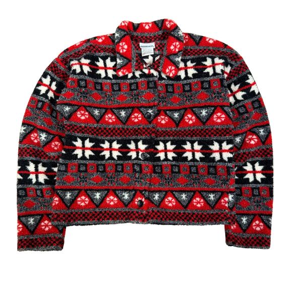 Vintage Red Black Snowflake Pattern Button Fleece Jacket Women’s Medium USA Made - Picture 1 of 8